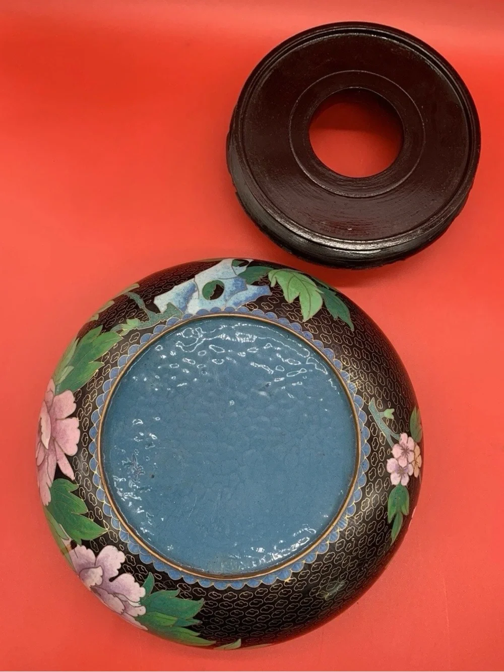 Vintage Chinese Cloisonné Champlevé Floral Bowl With Wooden Stand Beautiful 9”